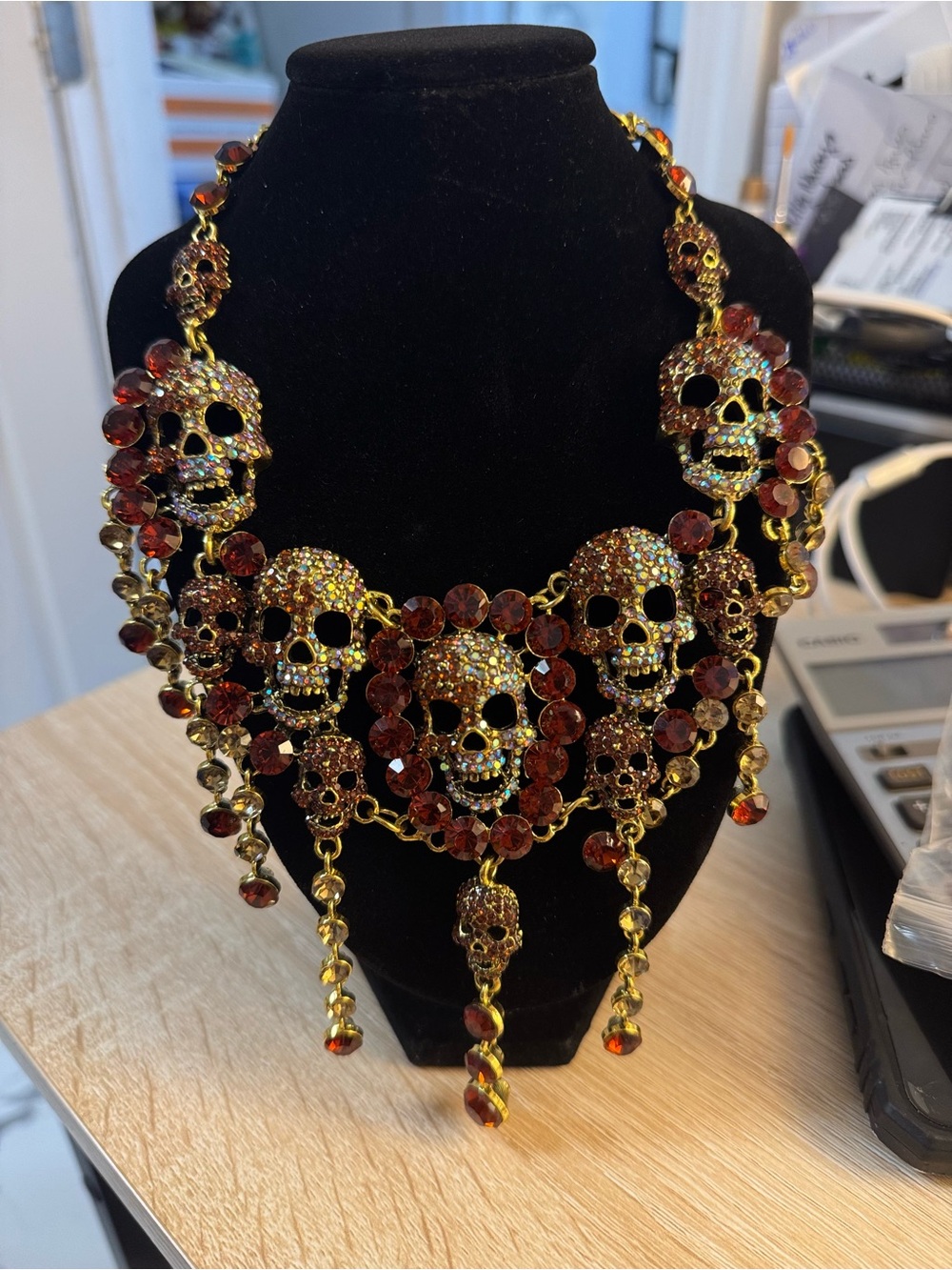 Natasha Couture Gold-Tone Skull Statement Necklace with Amber Crystals - Picture 4 of 5